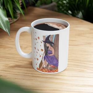 Autumn Witch Ceramic Mugs, Personalized Large Coffee Cup (11oz, 15oz), Fantasy Book Lover Gift 
