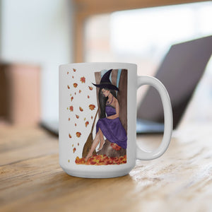 Autumn Witch Ceramic Mugs, Personalized Large Coffee Cup (11oz, 15oz), Fantasy Book Lover Gift 