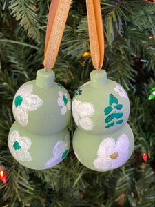 Hand Painted Wood Christmas Ornament - Green Floral 