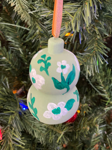 Hand Painted Wood Christmas Ornament - Green Floral 