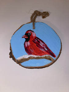 Hand Painted Wood Slice Christmas Ornament - Cardinal Bird 