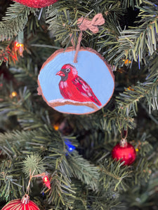 Hand Painted Wood Slice Christmas Ornament - Cardinal Bird 