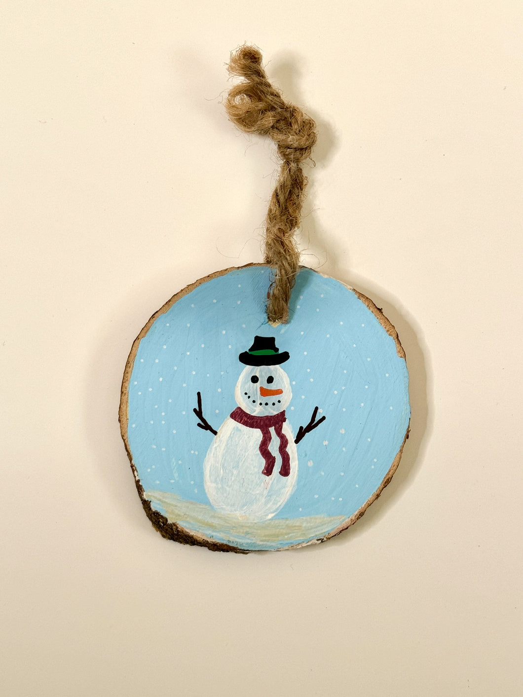 Hand Painted Wood Slice Christmas Ornament - Snowman 